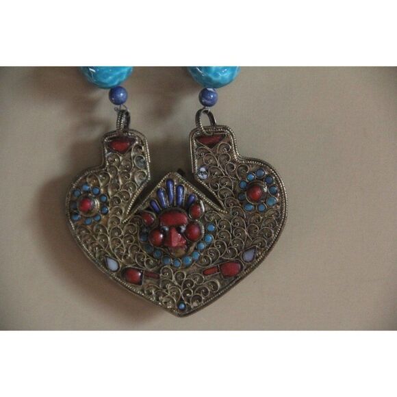 boho vintage antique india necklace heart large tribal ethnic statement pendant - Picture 4 of 8